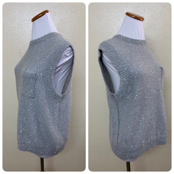 ATM Womens Sequin Crew Neck Knit Sweater Vest SMALL Gray Fog Alpaca Wool Blend - Picture 3 of 10